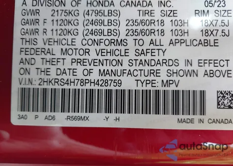 2023 Honda Cr-V Ex-L Awd из США, поврежденный, VIN 2HKRS4H78PH428759